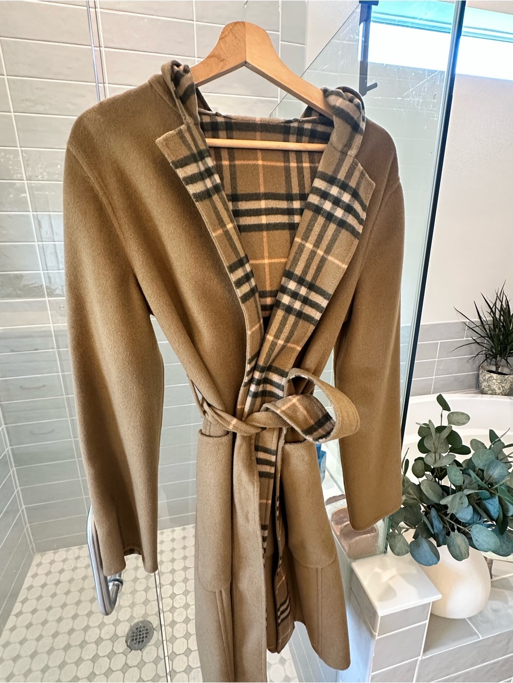 Burberry Camel Brown Hooded Wrap Coat with Tartan Trim